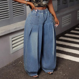 Plus Size Women Pleated Elastic Lantern Denim Wide-Leg Pants