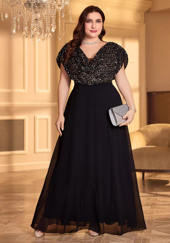 Plus Size Women V-Neck Black Sequin Formal Party Elegant Evening Dress