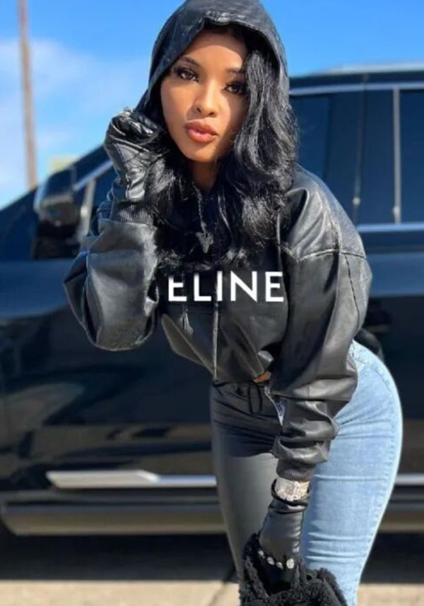 Women's Street Style PU Leather Loose Hooded Hoodie