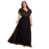 Plus Size Women V-Neck Black Sequin Formal Party Elegant Evening Dress