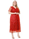 Plus Size Women Spring and Summer V Neck Short Sleeve Sequin Dress