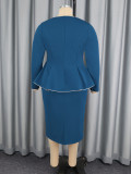 Plus Size Women's Colorblock Two-Piece Set V-Neck Long-Sleeve Top and Bodycon Skirt Chic Career Formal Party Set
