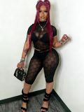 Women's Sexy Flocked Sheer Mesh Two-Piece Fashion Shorts Set