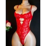 Women's Lace Heart Print Rhinestone Mesh Bodysuit and Skirt Lingerie Set