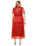 Plus Size Women Spring and Summer V Neck Short Sleeve Sequin Dress