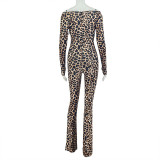 Women's Sexy Leopard Print Off Shoulder Slim-Waist Tight Slim Jumpsuit