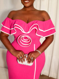 Plus Size Women's Colorblock Floral Off-Shoulder Slim-Waist Bodycon Split Chic Formal Party Dress