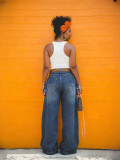 Women's Faux Two-Piece Plaid Patchwork Denim Pants