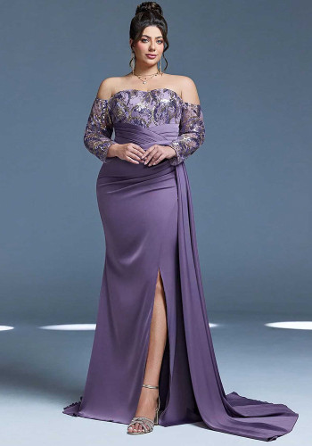 Women Purple Sexy Slit Prom Evening Dress