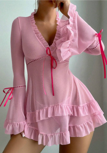 Women's Sexy Printed Mesh See-Through Long-Sleeve Lace-Up Low-Back Mini Dress Lingerie