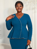 Plus Size Women's Colorblock Two-Piece Set V-Neck Long-Sleeve Top and Bodycon Skirt Chic Career Formal Party Set