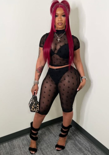 Women's Sexy Flocked Sheer Mesh Two-Piece Fashion Shorts Set