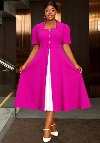 Plus Size Women's Rose Colorblock Square-Neck Slim-Waist A-line Chic Formal Party Short-Sleeve Dress