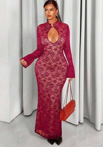 Spring Women's Lace Cutout Bell-Sleeve Bodycon Dress