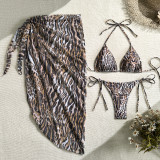 Women's Leopard Print Mesh Beach Cover-Up Bikini Two-Piece Swimsuit Three-Piece Set