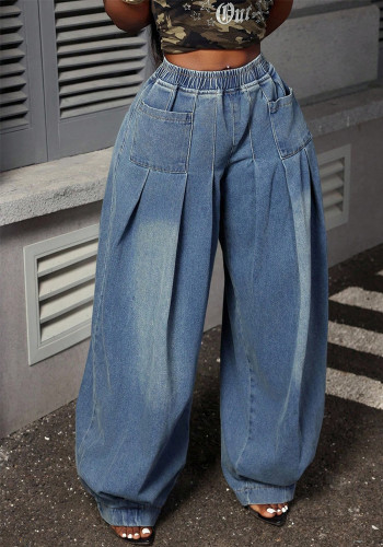 Plus Size Women Pleated Elastic Lantern Denim Wide-Leg Pants