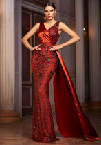 Women Sleeveless V-Neck Formal Party Sequined Fishtail Bodycon Evening Dress