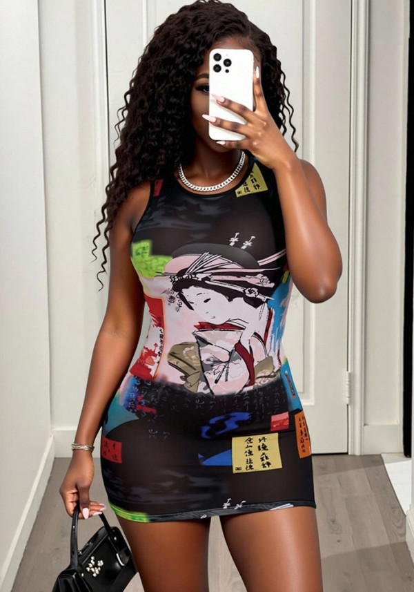 Women Casual Mesh Round Neck Sleeveless Printed Dress