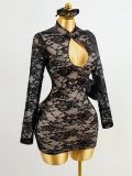 Women Autumn Sexy Lace Hollow-Out Bodycon Dress