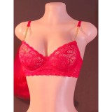 Women's Red Lace Metal Chain Straps Two-Piece Lingerie Set