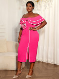 Plus Size Women's Colorblock Floral Off-Shoulder Slim-Waist Bodycon Split Chic Formal Party Dress