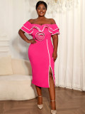 Plus Size Women's Colorblock Floral Off-Shoulder Slim-Waist Bodycon Split Chic Formal Party Dress