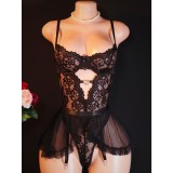 Women's Lace Heart Print Rhinestone Mesh Bodysuit and Skirt Lingerie Set