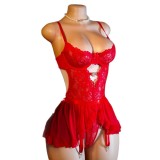 Women's Lace Heart Print Rhinestone Mesh Bodysuit and Skirt Lingerie Set