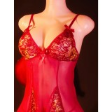 Women's Mesh Strap Nightdress with Gold Lace Embroidery Lingerie Set