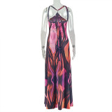 Women's Chic Printed Low-Back Striped Halter-Neck Maxi Dress
