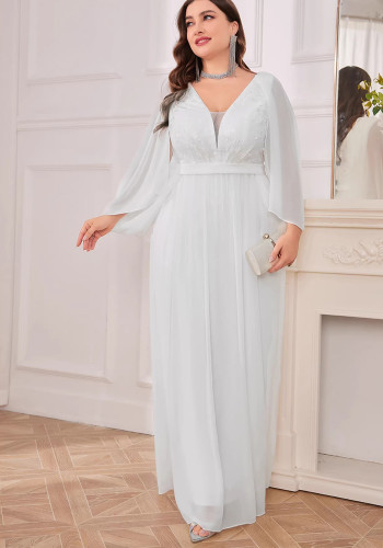 Plus Size Women White V-Neck Formal Party Maxi Evening Dress