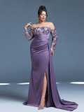 Women Purple Sexy Slit Prom Evening Dress