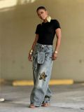 Women's Lace-Up Panel Star Leopard Patch Patchwork Denim Pants