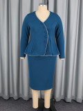 Plus Size Women's Colorblock Two-Piece Set V-Neck Long-Sleeve Top and Bodycon Skirt Chic Career Formal Party Set