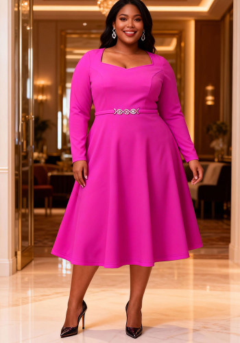 Plus Size Women's Rose Square-Neck Dress with Rhinestone Belt A-line Chic Formal Party Gown