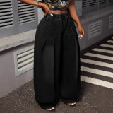 Plus Size Women Pleated Elastic Lantern Denim Wide-Leg Pants