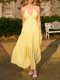 Women's Deep V Halter-Neck Lace-Up Low-Back Elegant Beach Holiday Maxi Dress