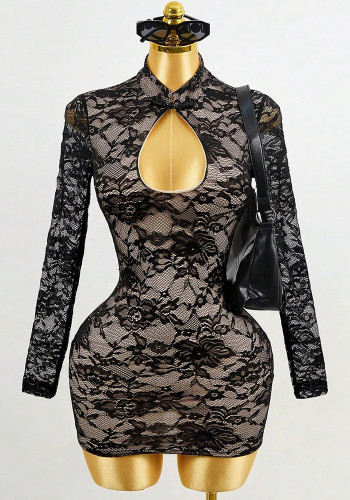 Women Autumn Sexy Lace Hollow-Out Bodycon Dress