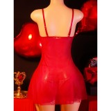 Women's Mesh Strap Nightdress with Gold Lace Embroidery Lingerie Set