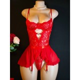 Women's Lace Heart Print Rhinestone Mesh Bodysuit and Skirt Lingerie Set