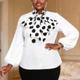 Plus Size Women's Polka Dot Bow-Neck Puff Long-Sleeve Loose Chic Career Shirt
