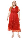 Plus Size Women Spring and Summer V Neck Short Sleeve Sequin Dress