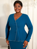 Plus Size Women's Colorblock Two-Piece Set V-Neck Long-Sleeve Top and Bodycon Skirt Chic Career Formal Party Set