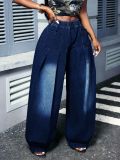 Plus Size Women Pleated Elastic Lantern Denim Wide-Leg Pants