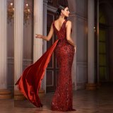 Women Sleeveless V-Neck Formal Party Sequined Fishtail Bodycon Evening Dress