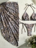 Women's Leopard Print Mesh Beach Cover-Up Bikini Two-Piece Swimsuit Three-Piece Set