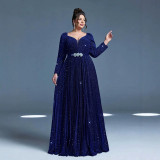 Plus Women Navy Blue V-Neck Long Sleeve Elegant Evening Dress