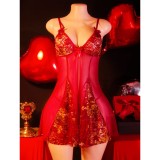 Women's Mesh Strap Nightdress with Gold Lace Embroidery Lingerie Set