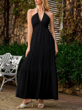 Women's Deep V Halter-Neck Lace-Up Low-Back Elegant Beach Holiday Maxi Dress