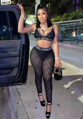 Women's Sexy Strap Crop Top Tight Slim Mesh Letter Print Nightclub Pants Set